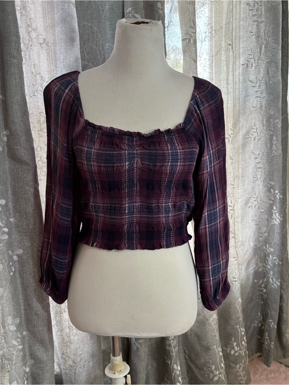 American Eagle Outfitters Plaid Square-Neck Crop Top — Purple & Navy
